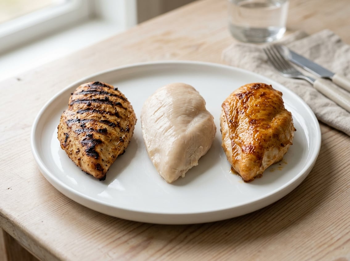 Three chicken breasts on a white plate, each cooked differently: grilled with char marks, pale and smooth poached, and golden roasted with crispy skin.