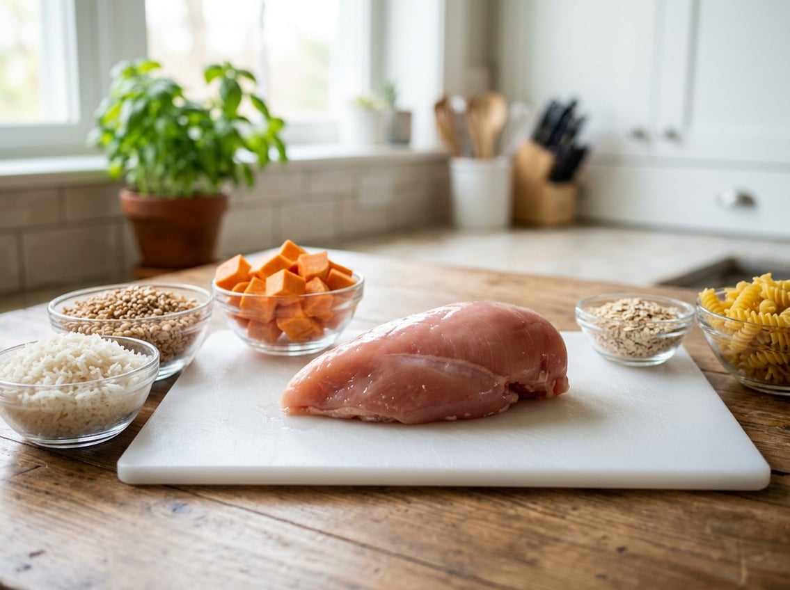 Raw chicken breast on a cutting board surrounded by small bowls of rice, wheat grains, and sweet potatoes.