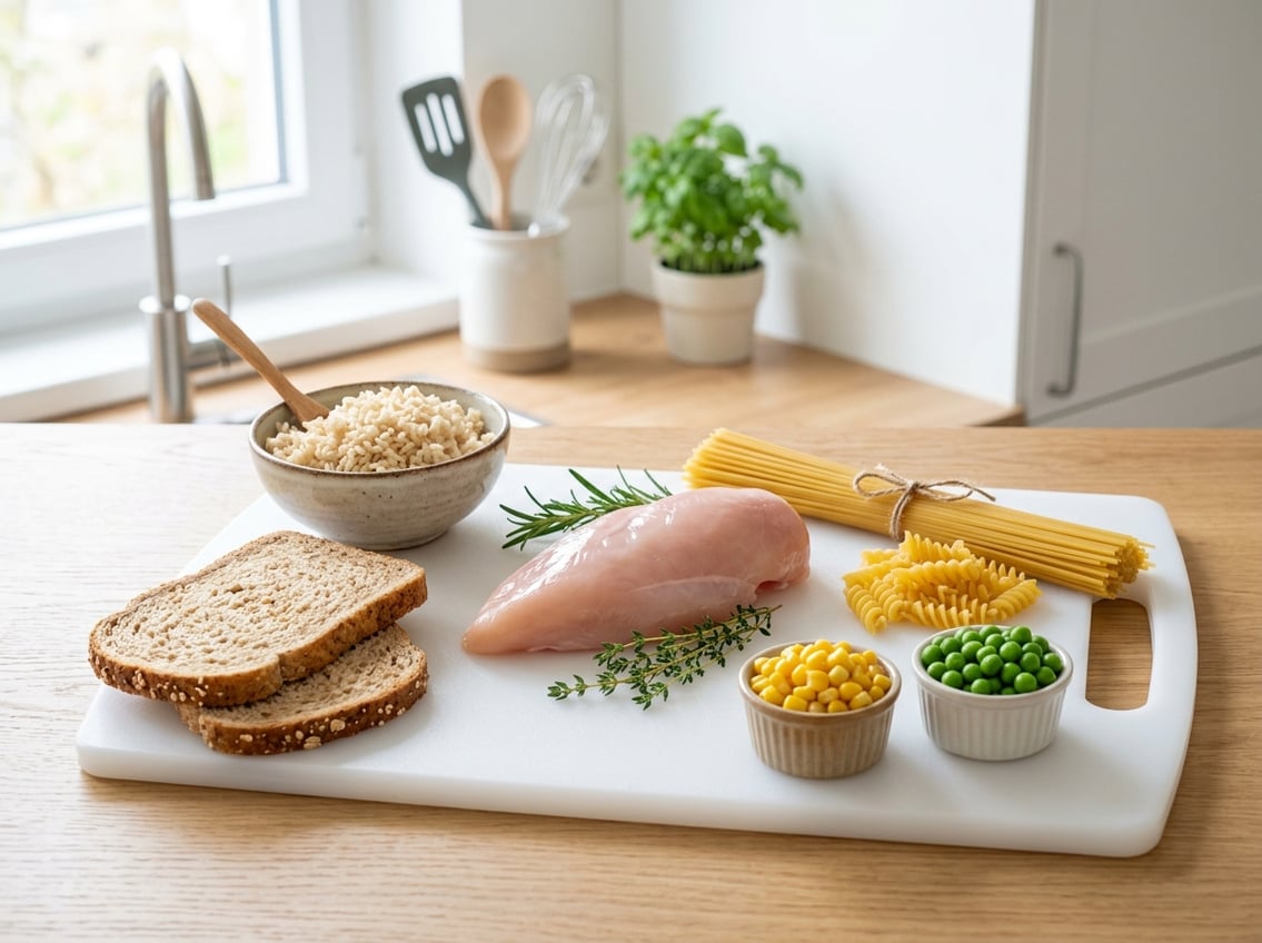 A raw chicken breast on a cutting board surrounded by bread, rice, pasta, and vegetables in a kitchen.