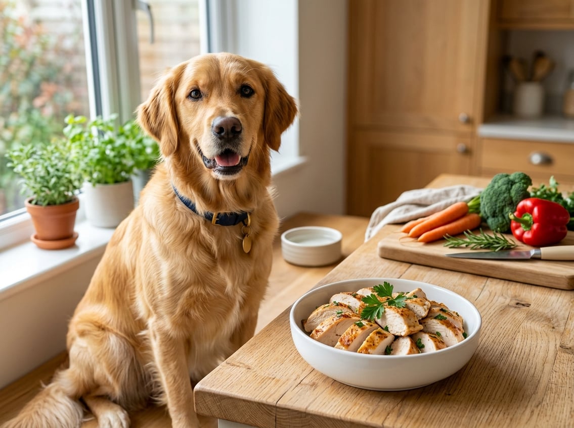 A healthy dog sitting next to a bowl filled with sliced cooked chicken breast on a kitchen countertop.