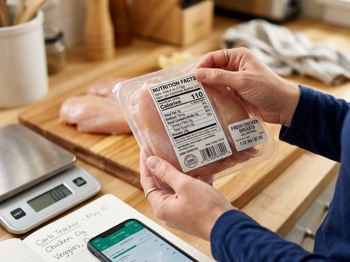 Hands holding a nutrition label on packaged chicken breast with fresh chicken and a kitchen scale in the background.