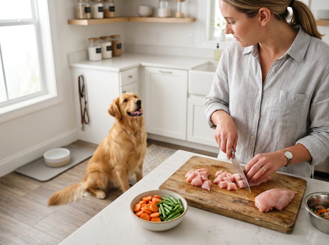 A person preparing raw chicken breast on a cutting board with a dog sitting nearby watching attentively.