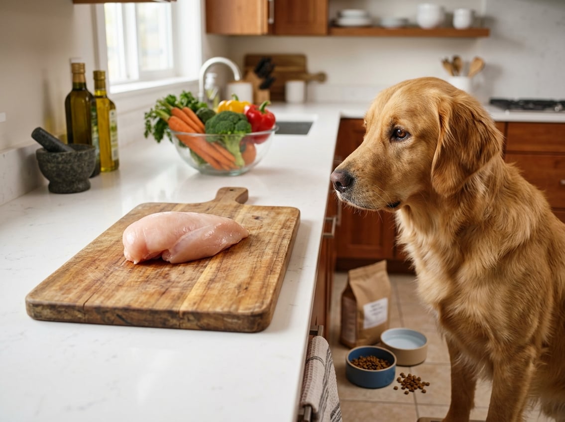 A dog looking at a raw chicken breast on a cutting board in a kitchen.