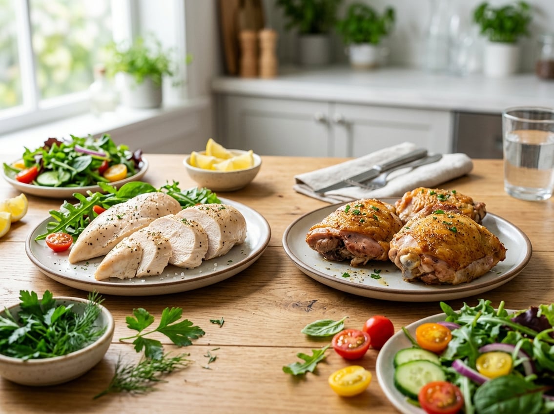 Two plates of cooked chicken breast and chicken thigh on a kitchen countertop with fresh vegetables around them.