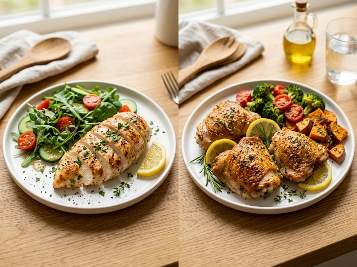 Two plates on a kitchen countertop, one with cooked chicken breast and the other with roasted chicken thighs, surrounded by fresh vegetables.