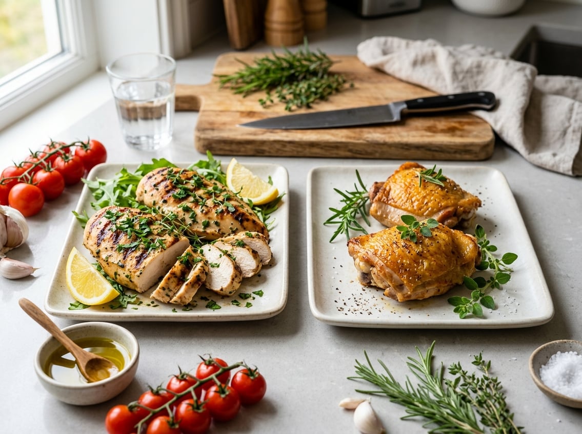 Two plates on a kitchen countertop showing grilled chicken breast and chicken thigh with fresh herbs and ingredients around them.