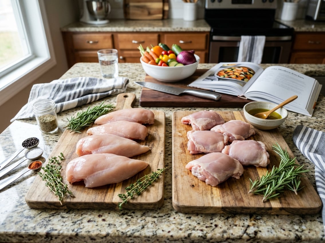 Raw chicken breast and chicken thighs on cutting boards with herbs and cooking ingredients on a kitchen countertop.