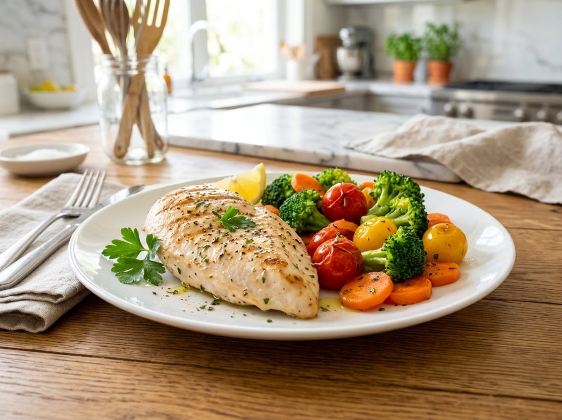 A cooked chicken breast on a white plate with steamed broccoli, cherry tomatoes, and sliced carrots in a bright kitchen setting.