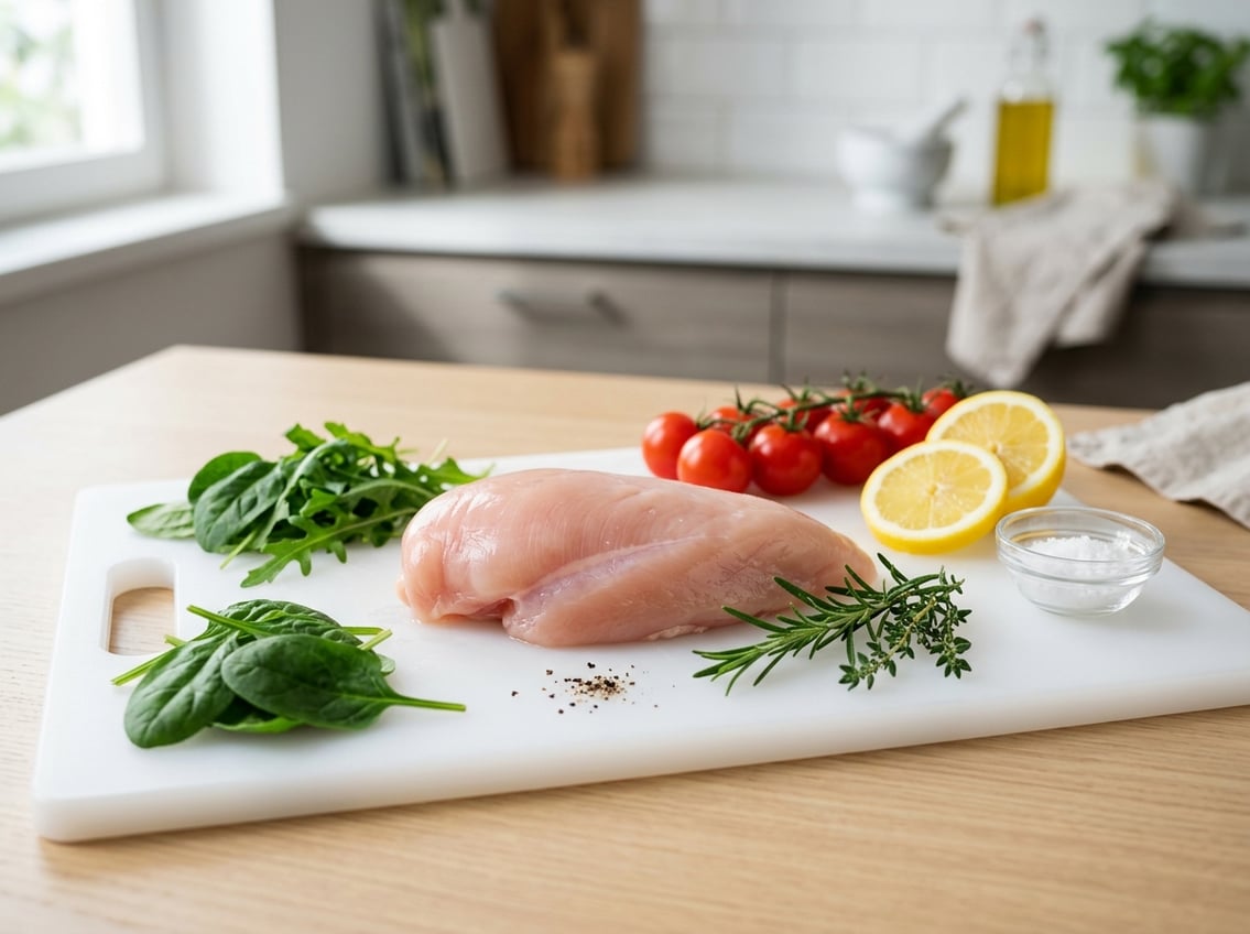 A raw chicken breast on a white cutting board surrounded by fresh vegetables and herbs in a bright kitchen.
