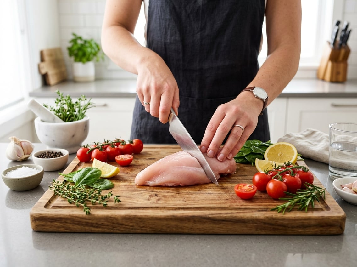 Fresh raw chicken breast on a wooden cutting board surrounded by vegetables and hands preparing it in a kitchen.