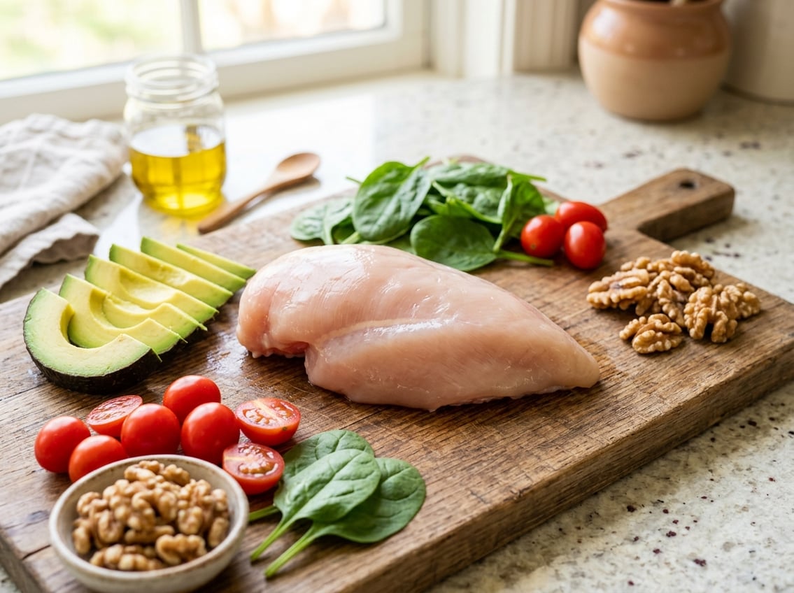A raw chicken breast on a cutting board surrounded by avocado, cherry tomatoes, spinach, and walnuts in a bright kitchen.