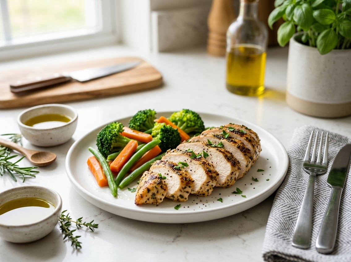 A plate with sliced cooked chicken breast and steamed vegetables on a kitchen counter.