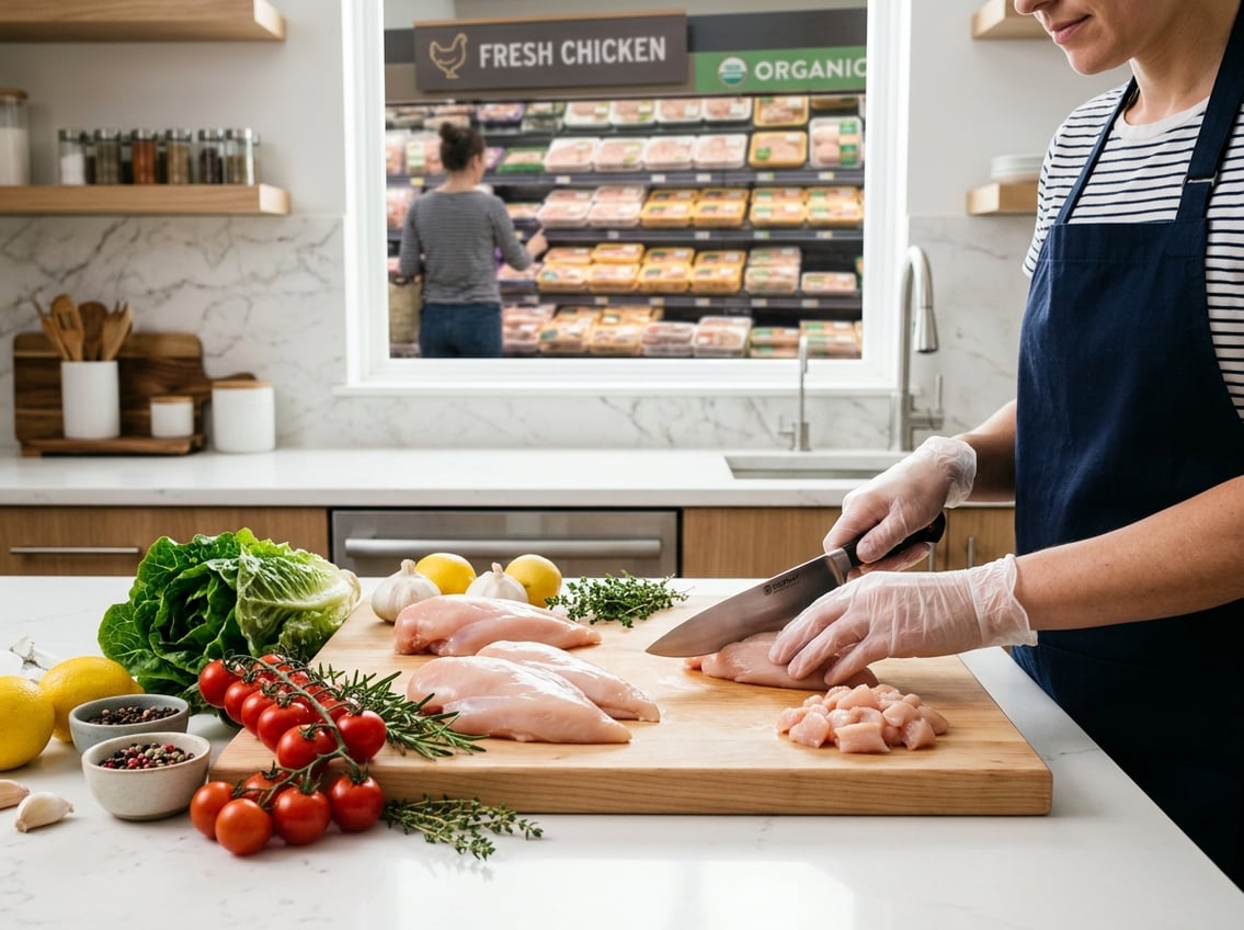 Hands handling fresh raw chicken breasts on a cutting board with fresh vegetables nearby and a grocery store meat section visible in the background.