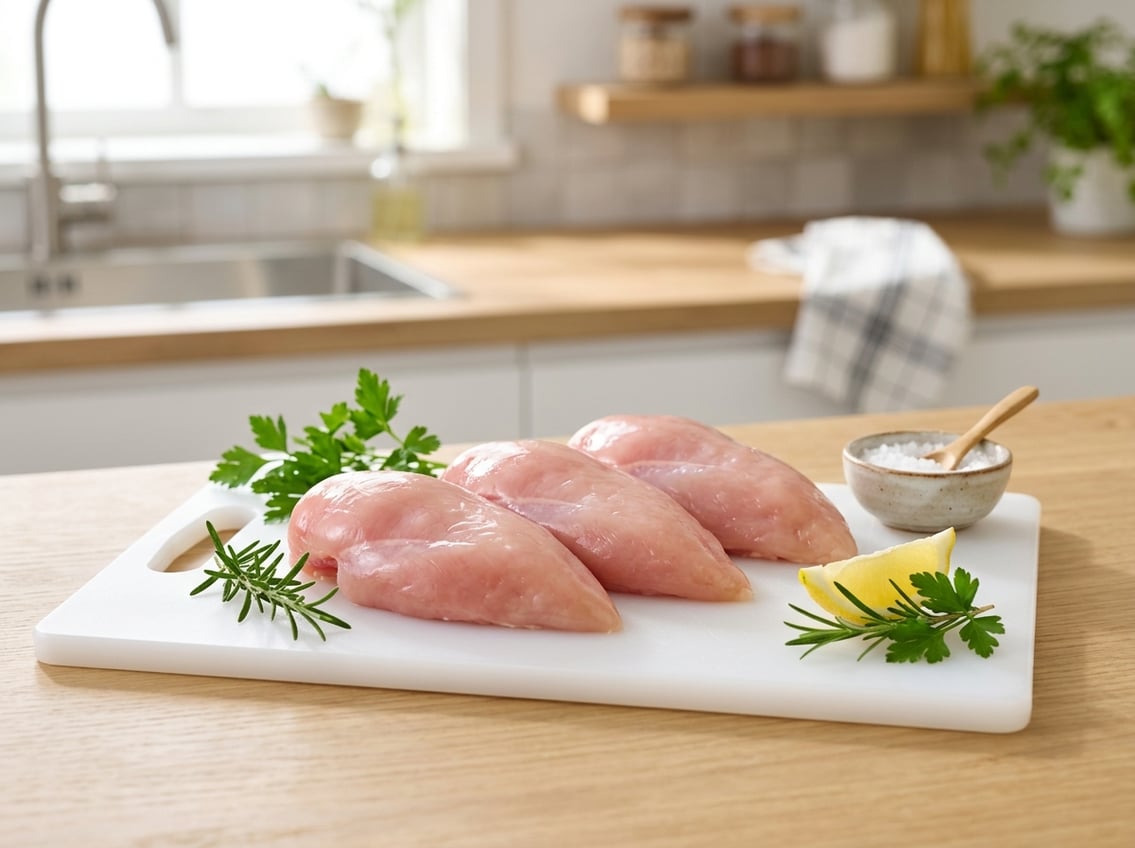 Fresh raw chicken breasts on a white cutting board with herbs and lemon in a bright kitchen.