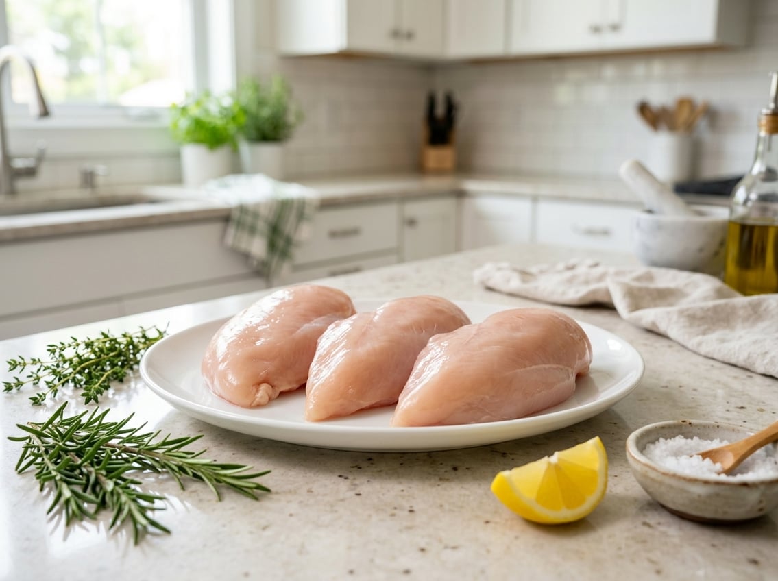 Raw chicken breasts on a white plate with fresh herbs and lemon on a kitchen countertop.