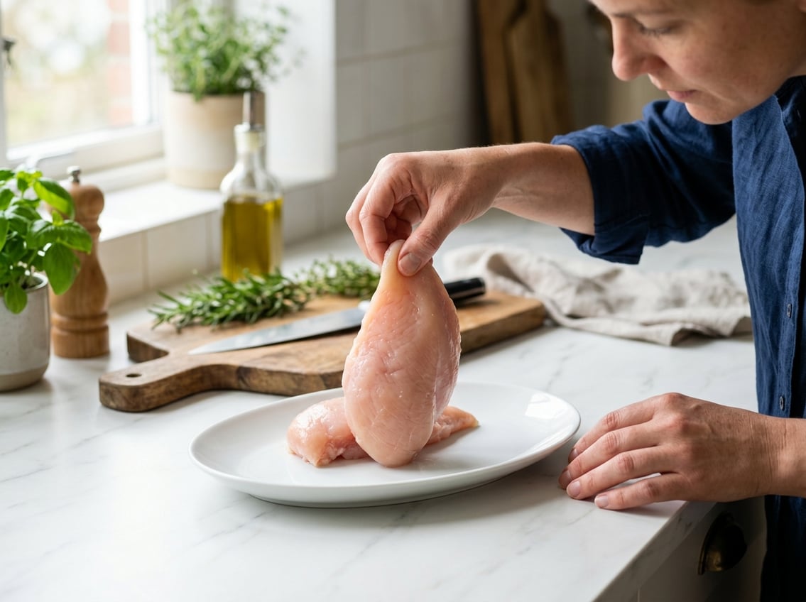 A person inspecting a raw chicken breast on a white plate in a bright kitchen.