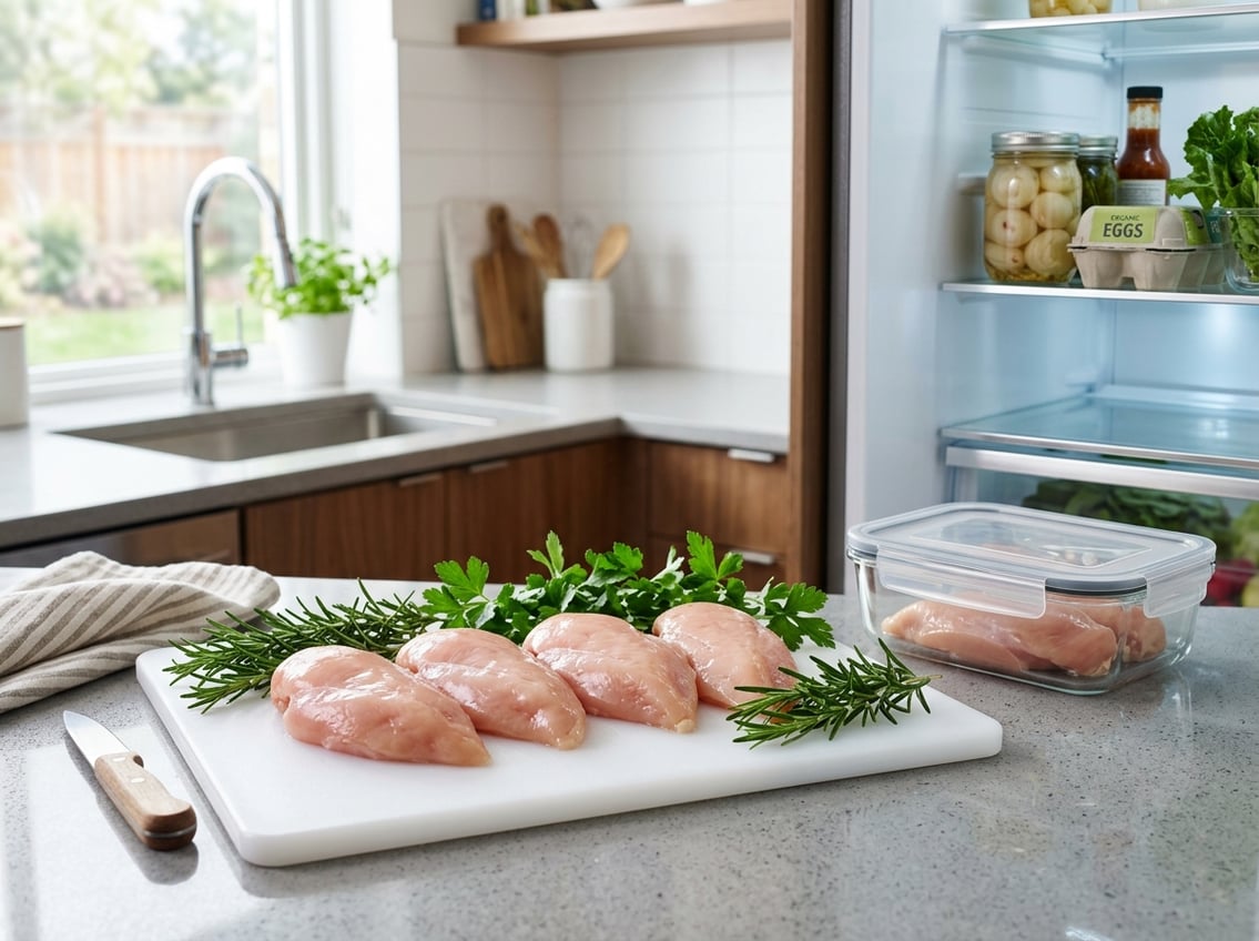 Fresh raw chicken breasts on a white cutting board with fresh herbs and airtight containers in a clean kitchen.