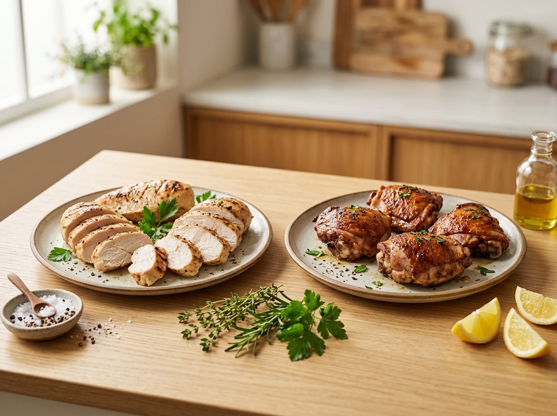 Two plates on a kitchen counter, one with cooked chicken breast slices and the other with cooked chicken thighs, surrounded by fresh herbs and lemon wedges.