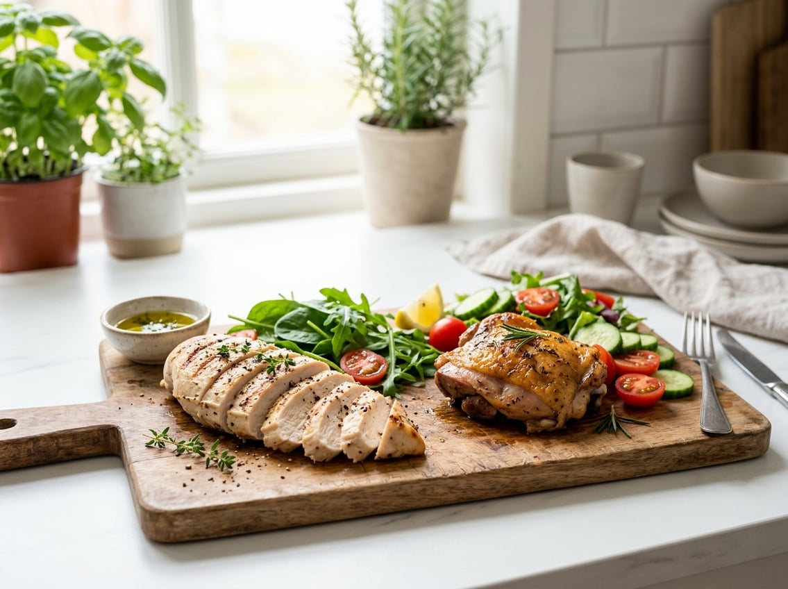 Two portions of cooked chicken, breast and thigh, displayed on a wooden cutting board with fresh vegetables in a bright kitchen setting.