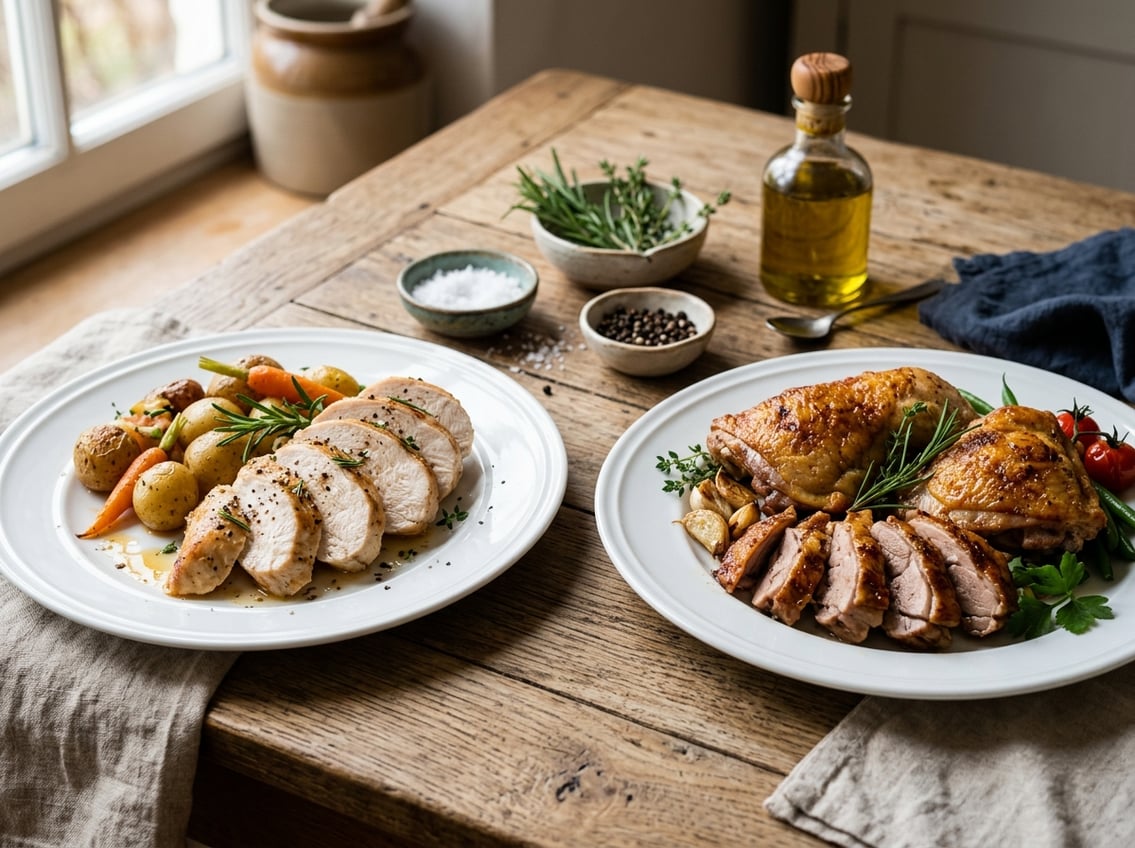 Two plates on a wooden table, one with sliced cooked chicken breast and the other with sliced cooked chicken thigh, garnished with fresh herbs and surrounded by small bowls of seasoning and vegetables.