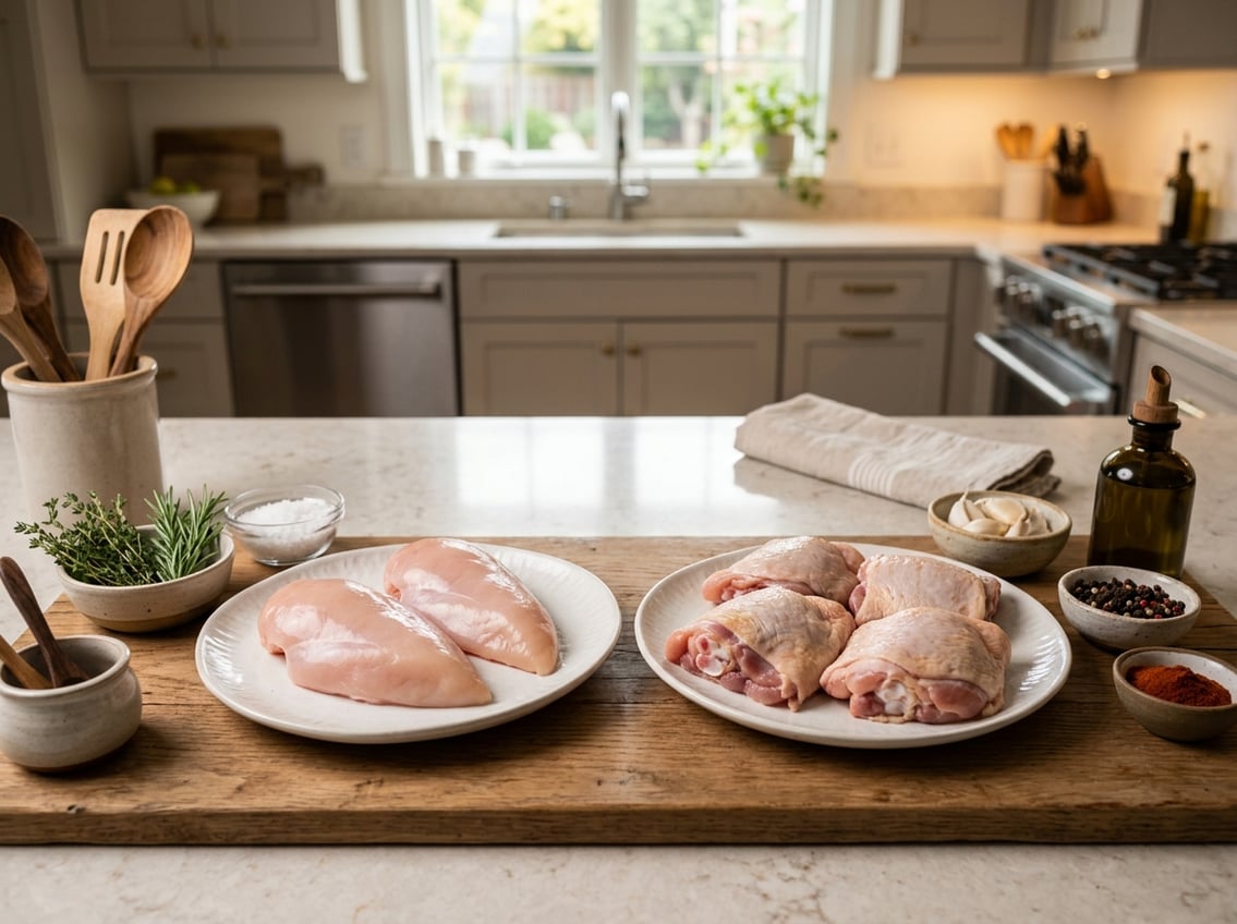 Fresh chicken breast and chicken thighs displayed on plates on a kitchen countertop with cooking ingredients nearby.