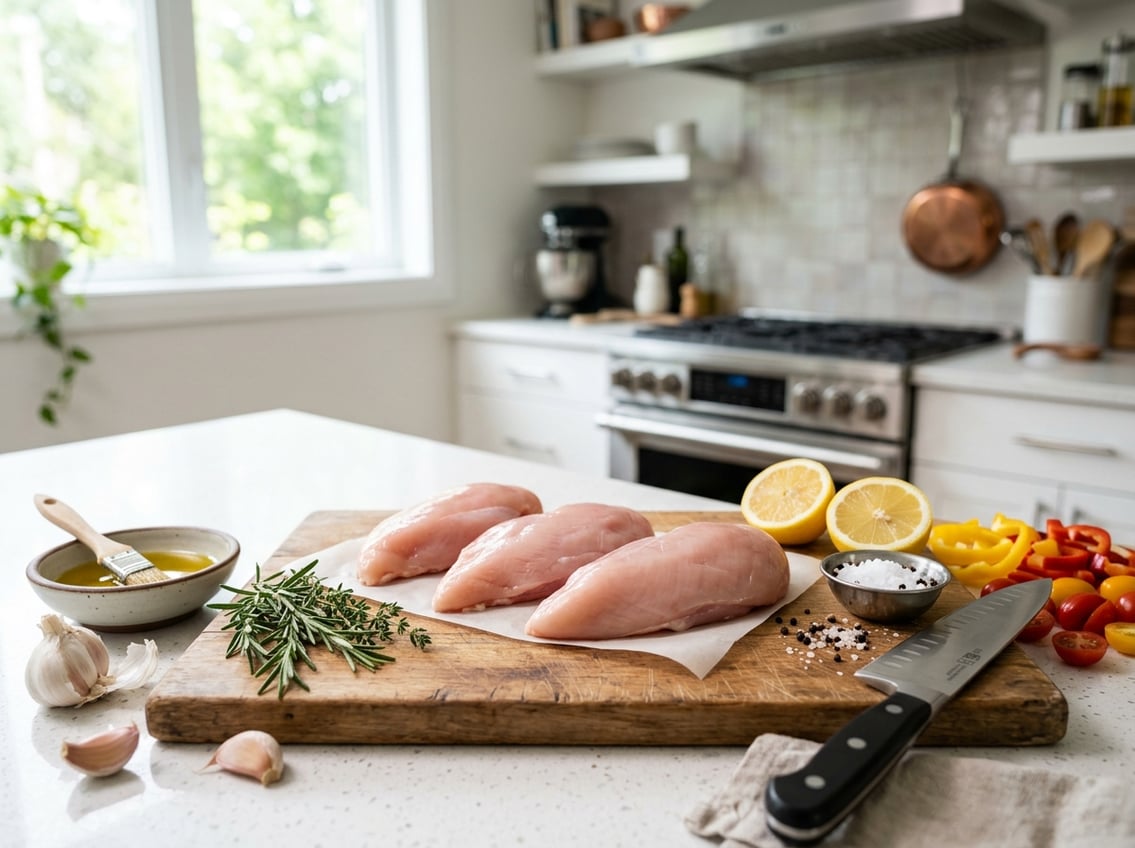 Fresh raw chicken breasts on a wooden cutting board surrounded by herbs, garlic, lemon, and cooking tools in a modern kitchen.