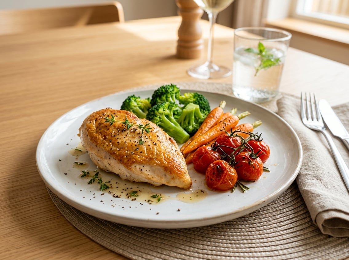 A plated chicken breast dinner with vegetables on a dining table.