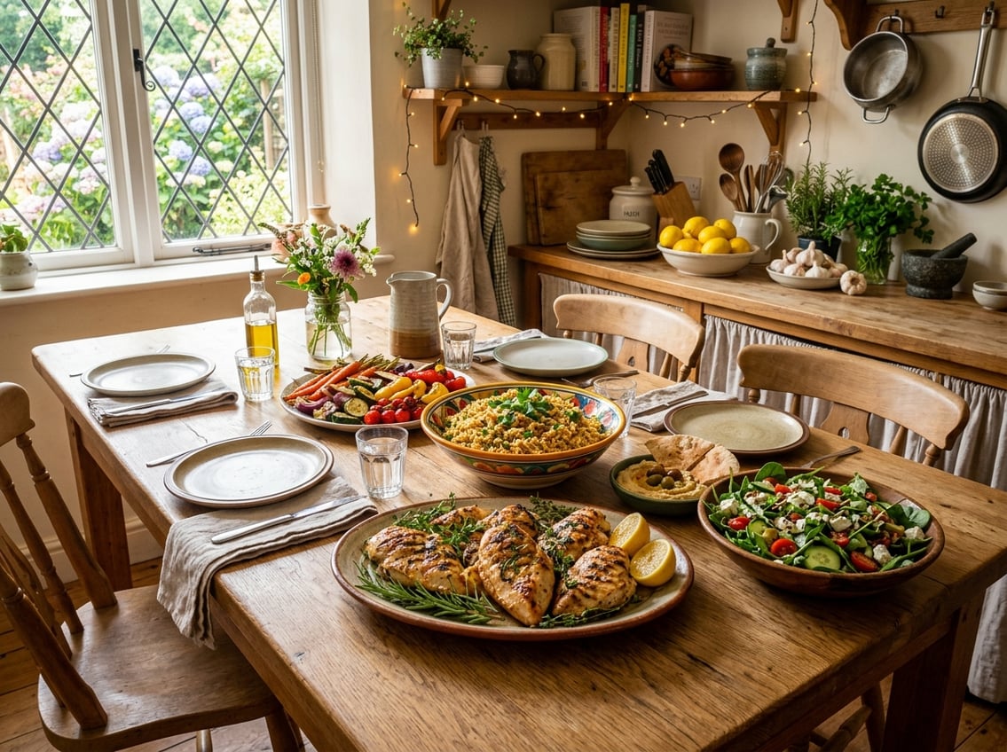 A dining table with several plates of cooked chicken breast dishes, vegetables, salad, and rice in a bright kitchen setting.