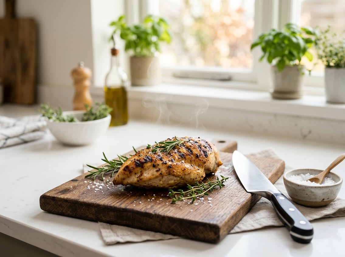 A cooked chicken breast resting on a wooden cutting board with fresh herbs and a chef's knife in a bright kitchen.