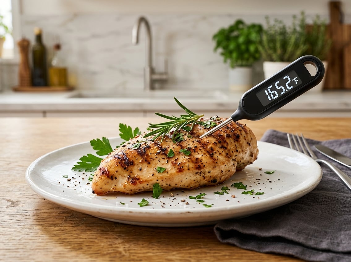 Close-up of a cooked chicken breast on a plate with a digital meat thermometer showing the temperature.