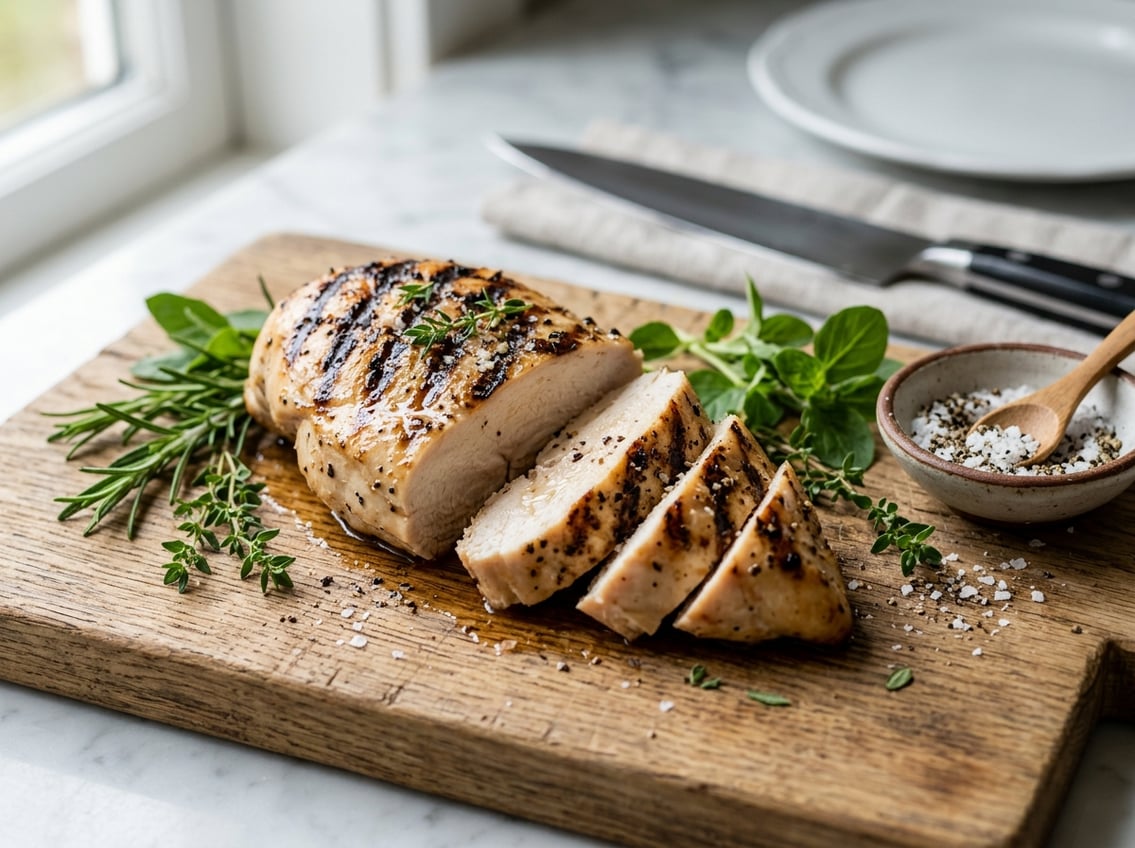 A cooked chicken breast resting on a wooden cutting board with fresh herbs and seasonings nearby in a kitchen setting.