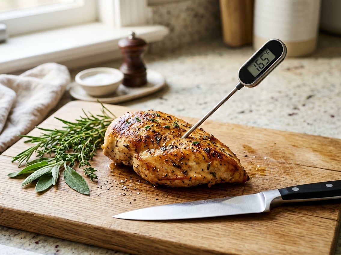 Close-up of a cooked chicken breast with a digital meat thermometer inserted, placed on a wooden cutting board with fresh herbs nearby.