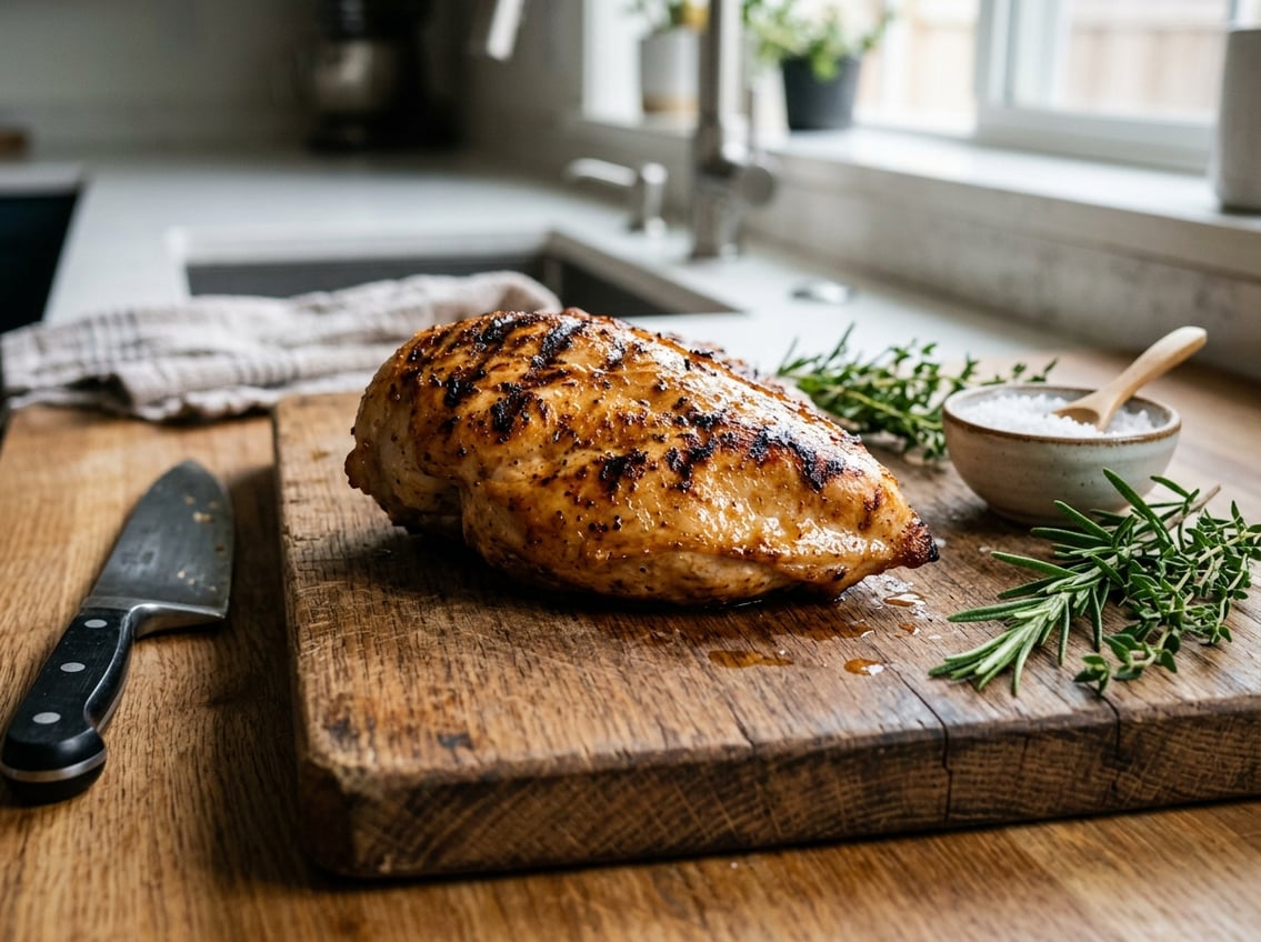 A cooked chicken breast resting on a wooden cutting board with herbs and a knife nearby in a kitchen setting.