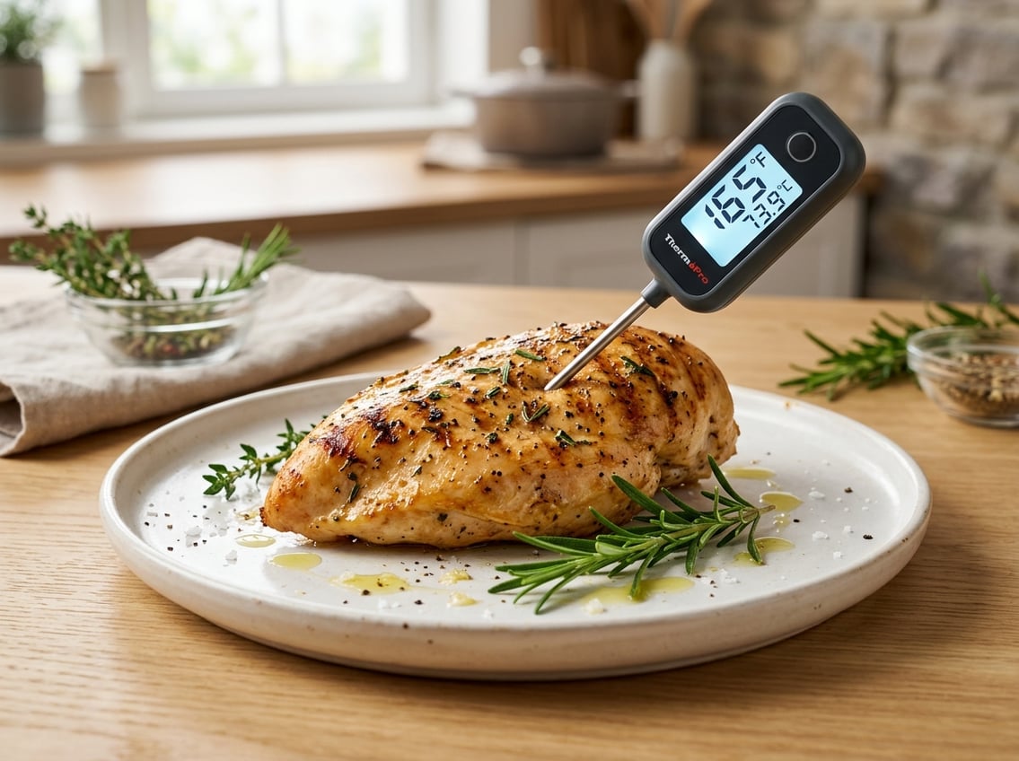 Close-up of a cooked chicken breast on a plate with a digital meat thermometer showing the temperature, set in a kitchen environment.