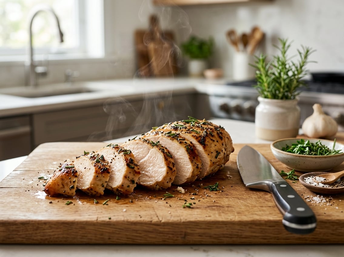 Sliced cooked chicken breast on a wooden cutting board with a chef's knife and herbs in a kitchen setting.