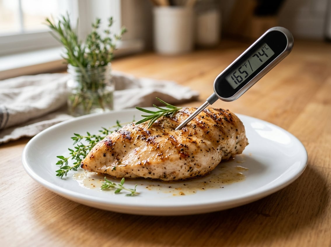 Close-up of a cooked chicken breast on a plate with a digital meat thermometer showing the internal temperature, surrounded by fresh herbs.