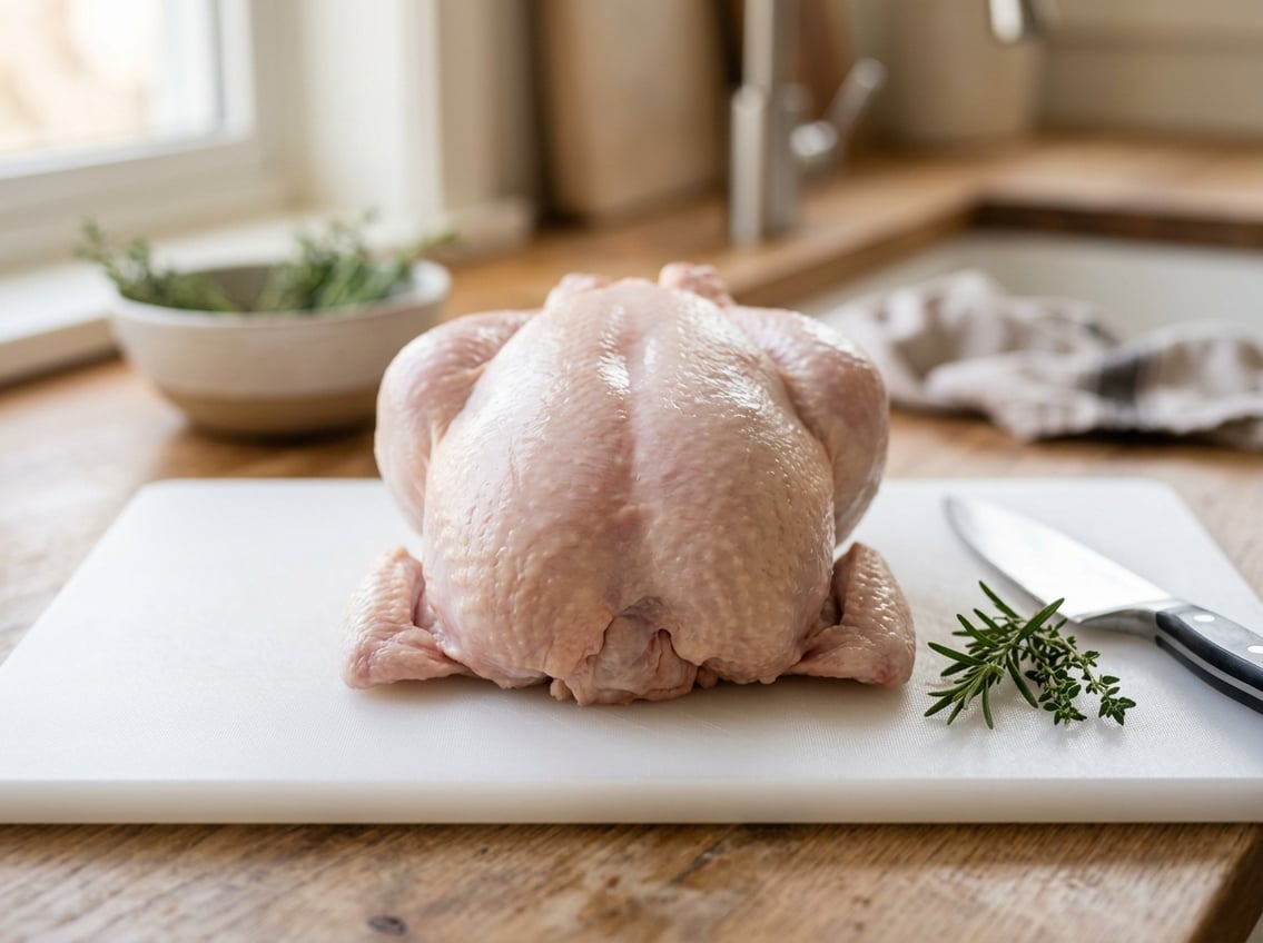 A raw whole chicken on a white cutting board showing the breast area clearly, with a knife and fresh herbs nearby.