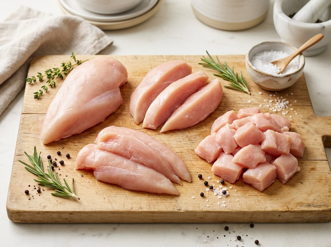 Various raw chicken breast cuts arranged on a wooden cutting board with herbs and spices around them.