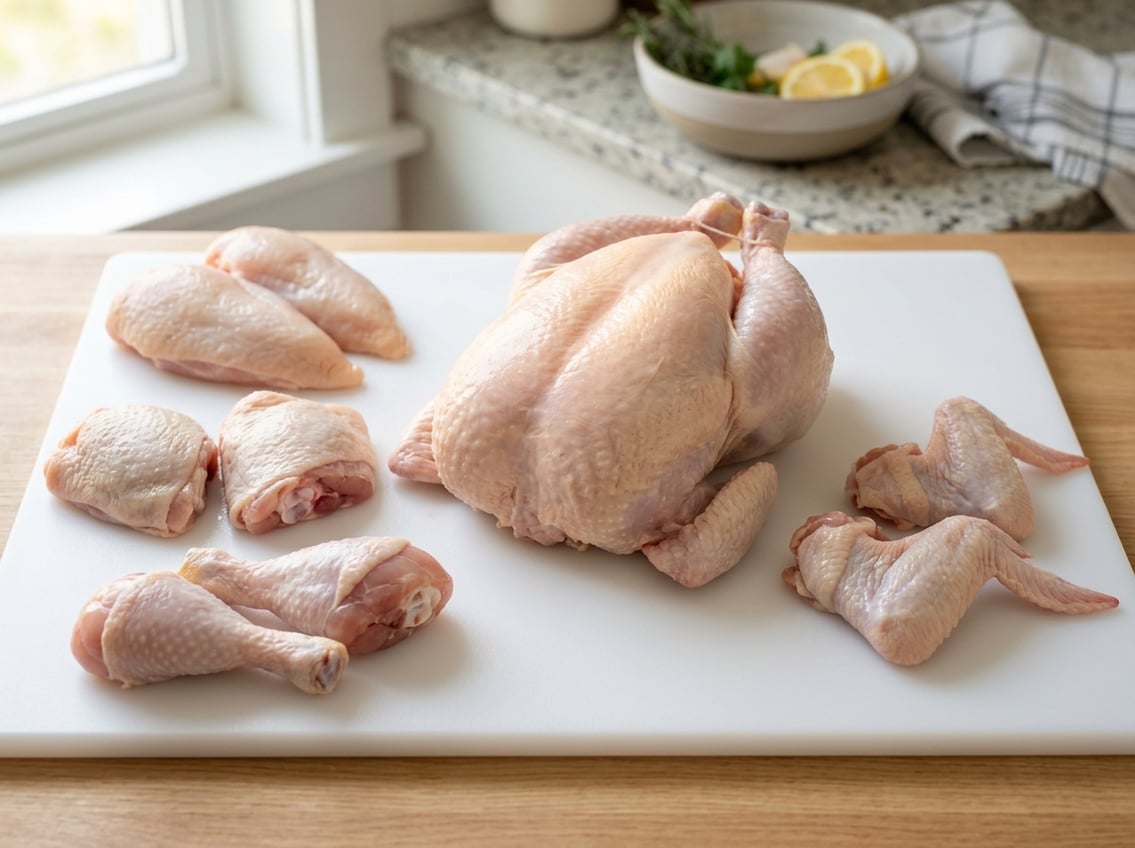 A whole raw chicken on a cutting board surrounded by separated chicken parts including breast, thighs, drumsticks, and wings.