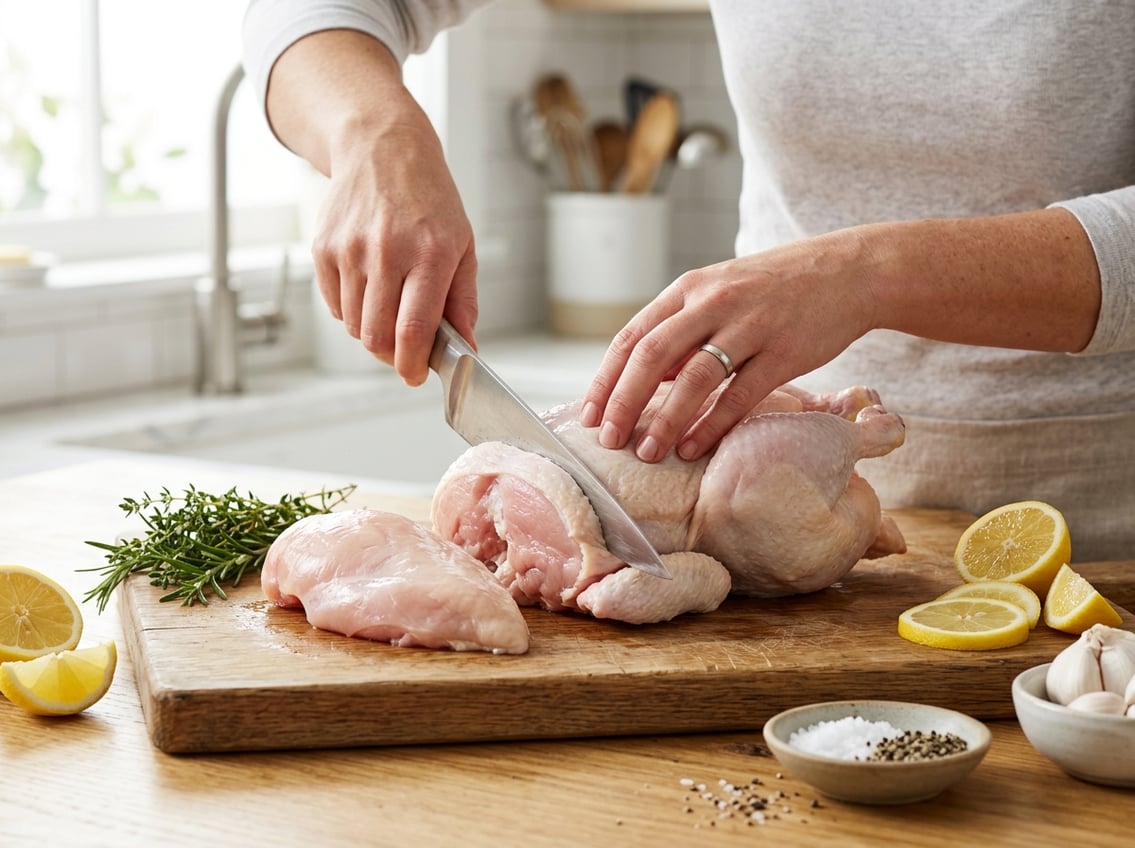 Hands cutting the chicken breast from a whole raw chicken on a wooden cutting board in a kitchen.