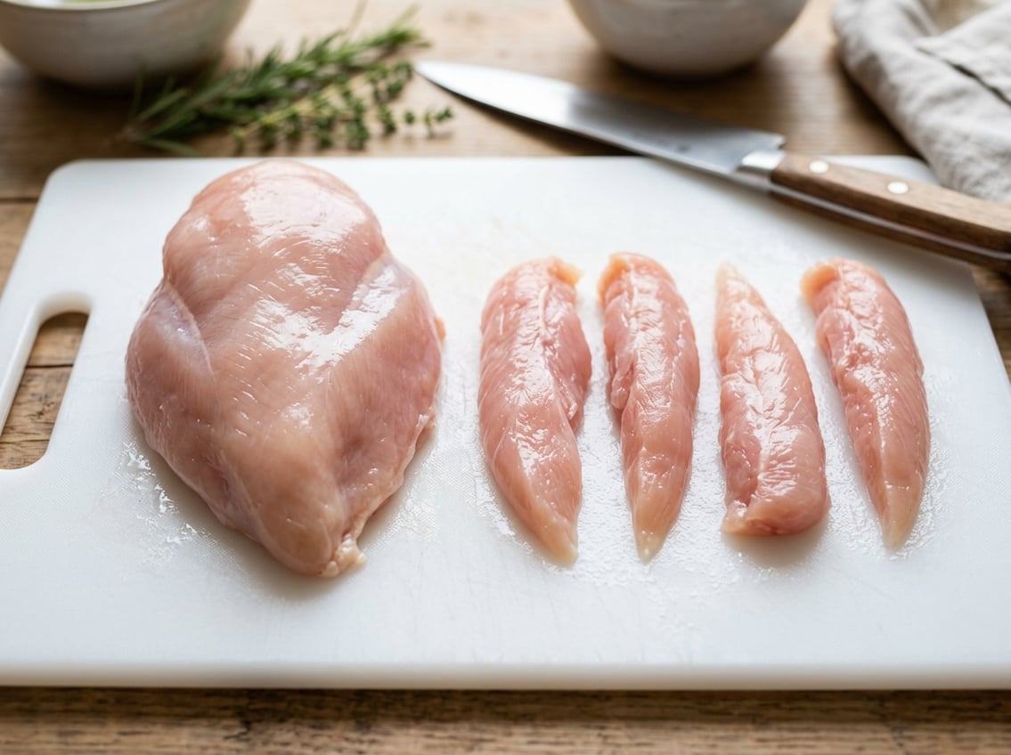 Close-up of raw chicken breast and smaller chicken tenderloin pieces placed side by side on a white cutting board in a kitchen setting.