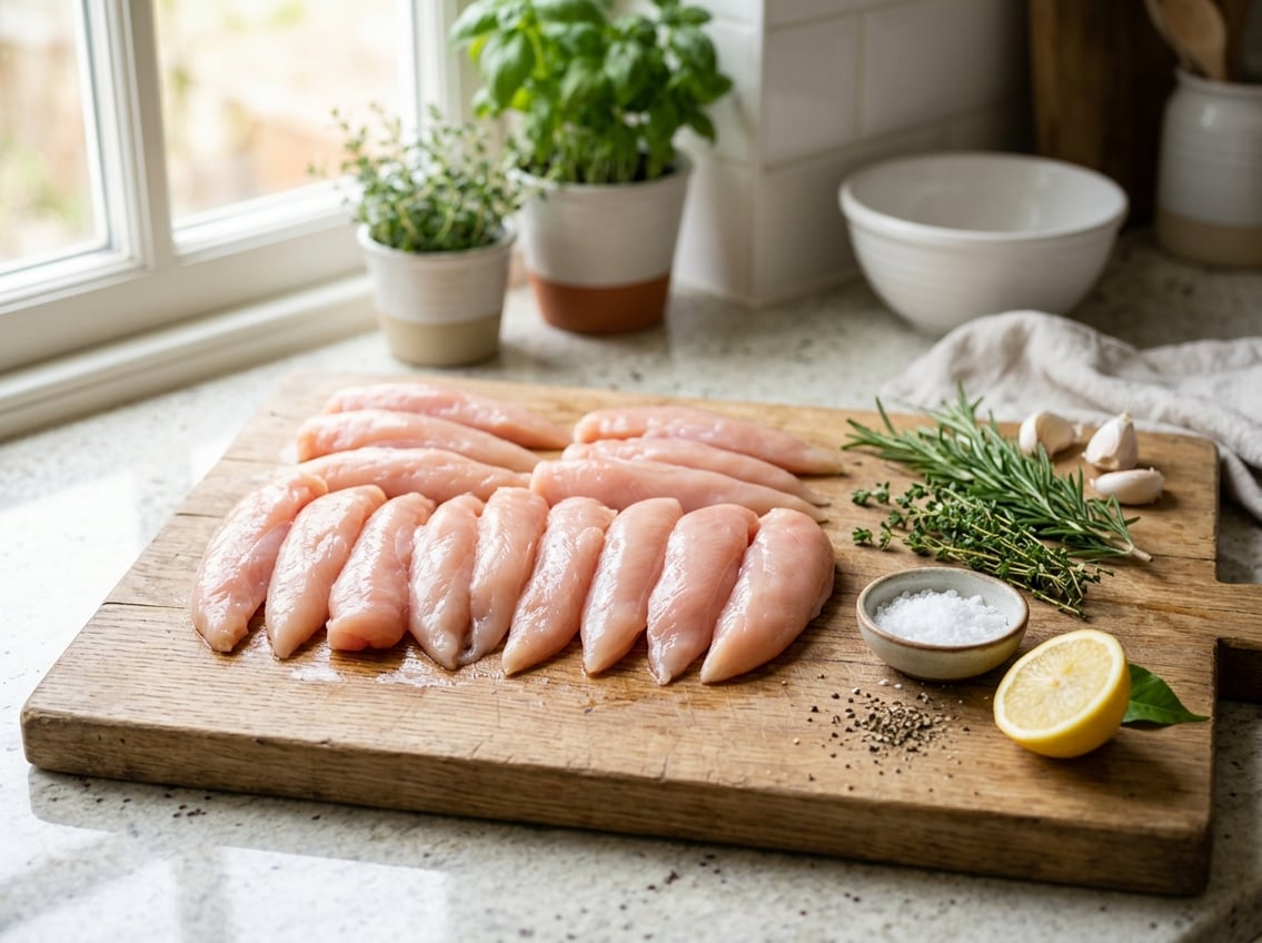 Raw chicken breast tenderloins on a wooden cutting board with fresh herbs, lemon wedge, salt, and pepper in a kitchen setting.