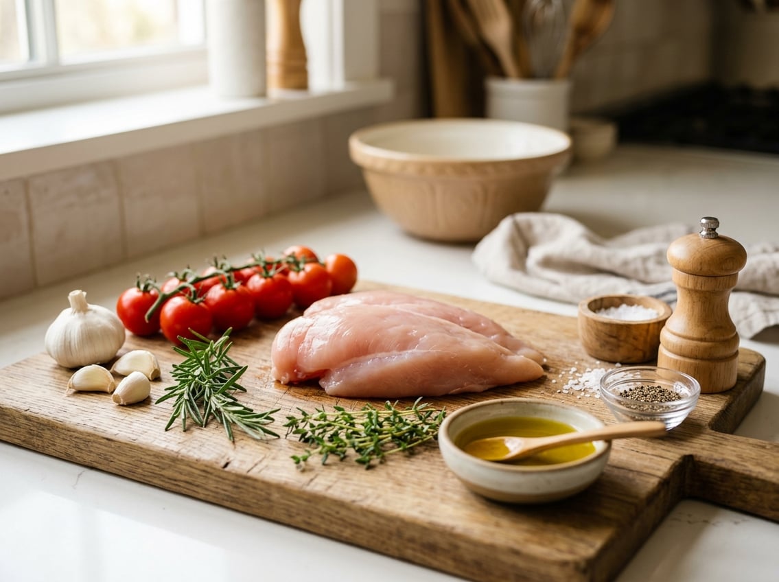 Raw chicken breast tenderloin on a wooden cutting board surrounded by fresh herbs and ingredients in a kitchen.