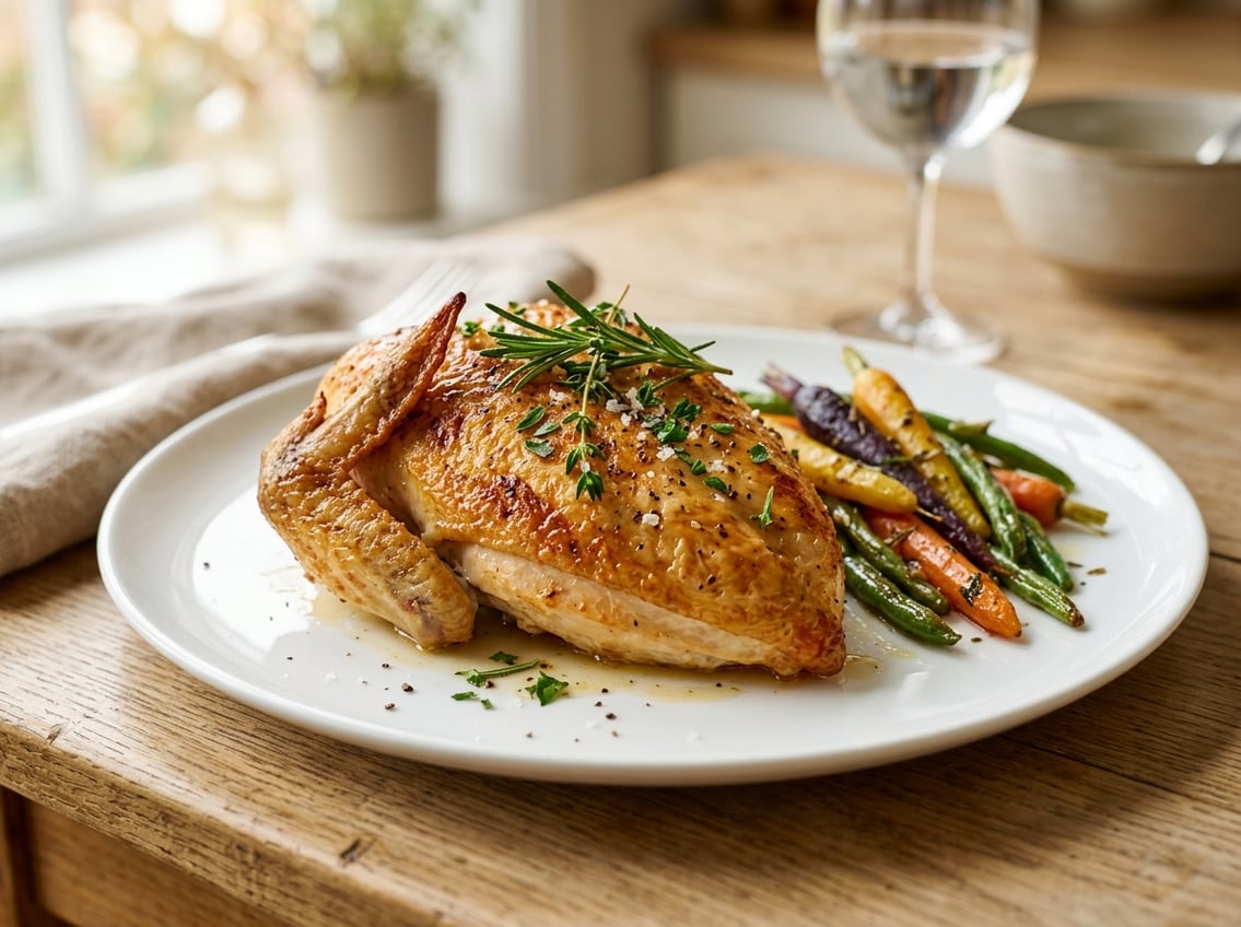 A cooked airline chicken breast with crispy skin on a white plate, garnished with herbs and roasted vegetables.