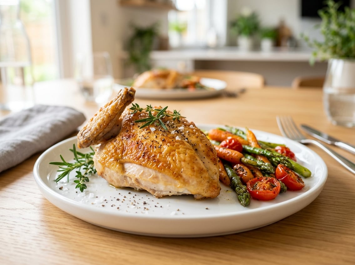 A cooked airline chicken breast on a white plate with roasted vegetables and fresh herbs.