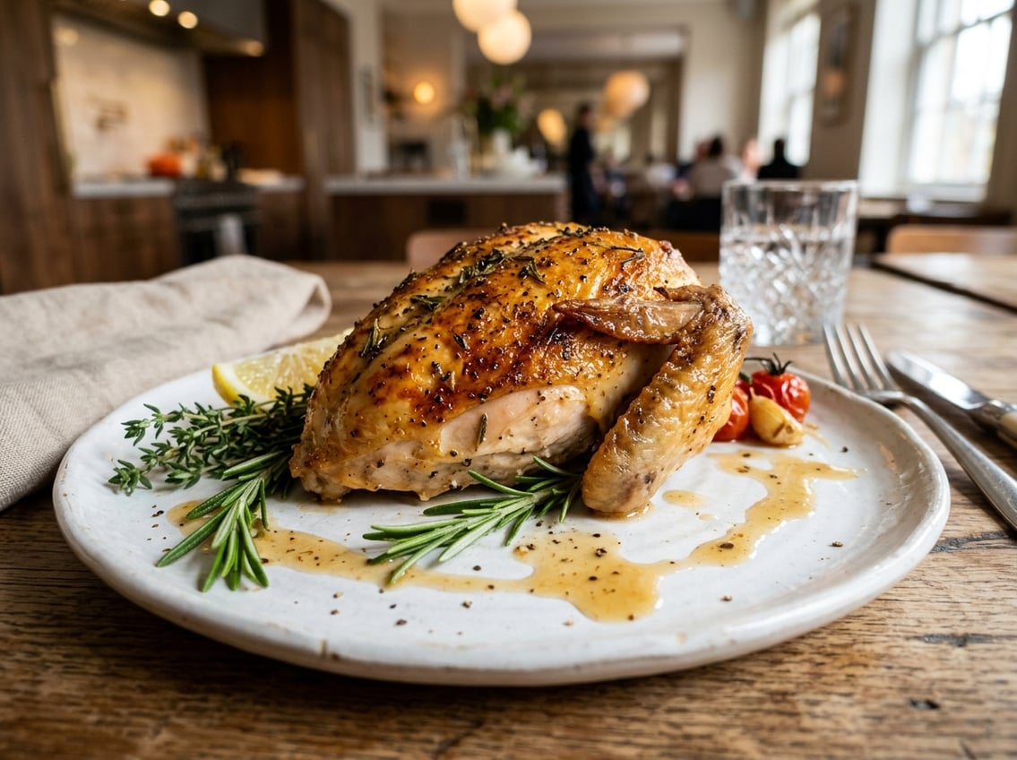 Close-up of a cooked airline chicken breast on a plate garnished with fresh herbs.