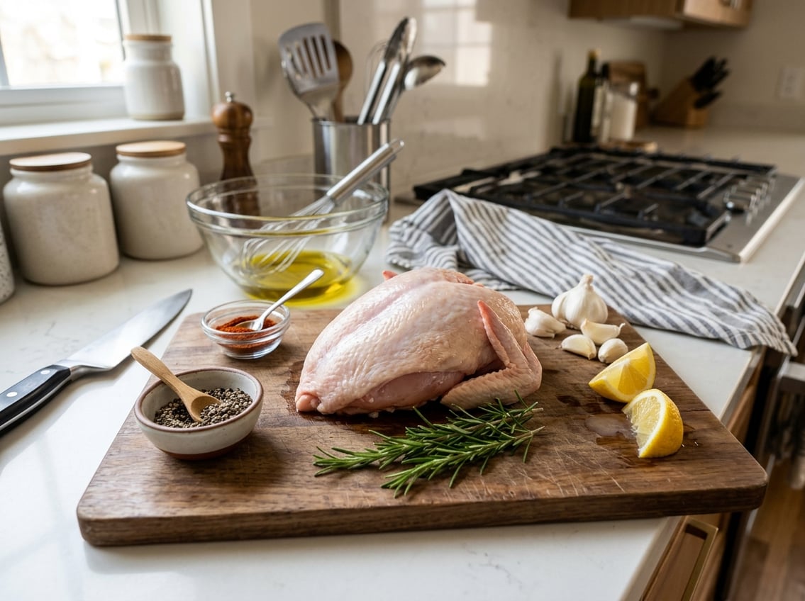 Raw airline chicken breast on a cutting board surrounded by fresh herbs, garlic, lemon wedges, and spices in a kitchen setting.