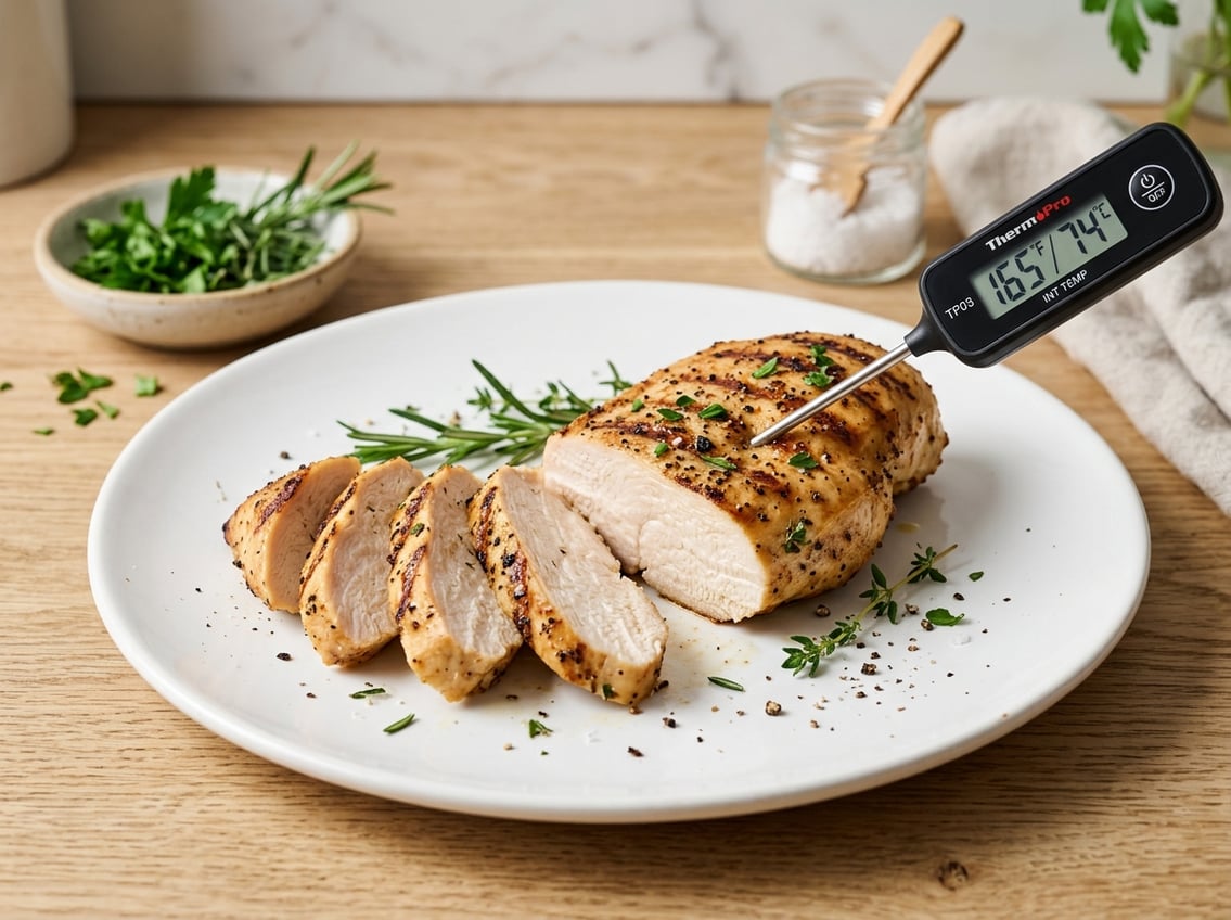 A cooked chicken breast on a plate with a food thermometer showing a safe internal temperature.