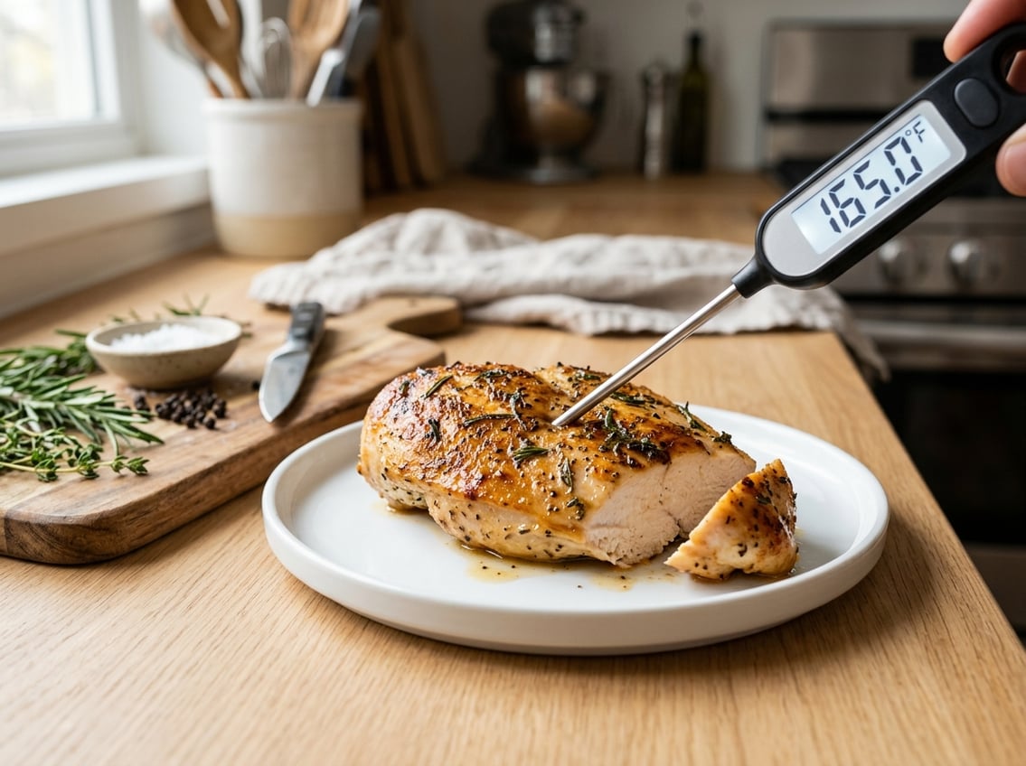 Close-up of a cooked chicken breast with a digital meat thermometer inserted, showing the temperature to check doneness.