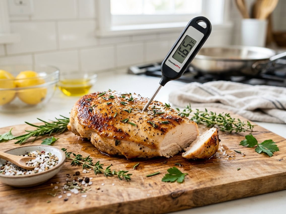 A cooked chicken breast on a cutting board with a meat thermometer inserted, surrounded by fresh herbs and seasoning in a bright kitchen.